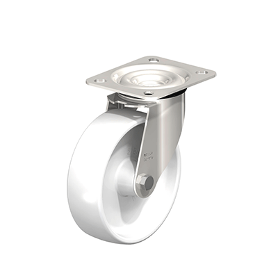 Stainless steel swivel castor with top plate fitting and ‘stop-fix’ brake, nylon wheel