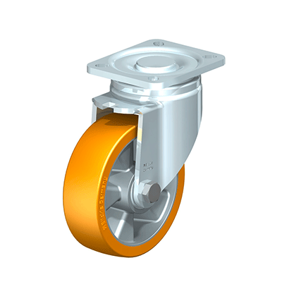 Pressed steel swivel castor, heavy duty castors, with top plate fitting and 'stop-fix' brake, heavy duty wheel with Blickle Extrathane® polyurethane tread, with aluminium wheel centre