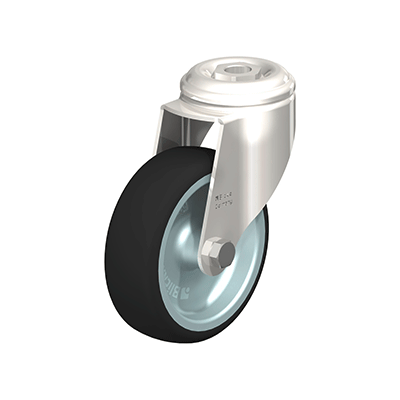 Stainless steel light duty swivel castor with bolt hole fitting and ‘stop-fix’ brake. Wheel with thermoplastic polyurethane tread, with nylon wheel centre