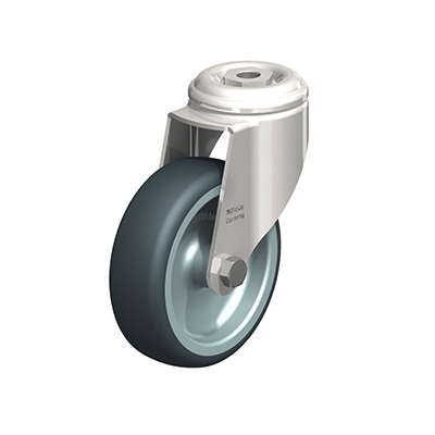 Stainless steel light duty swivel castor with bolt hole fitting and ‘stop-fix’ brake. Wheel with thermoplastic rubber tread, with polypropylene wheel centre