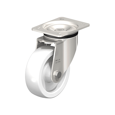 Stainless steel heavy duty swivel castor with top plate fitting. Heavy duty nylon wheel