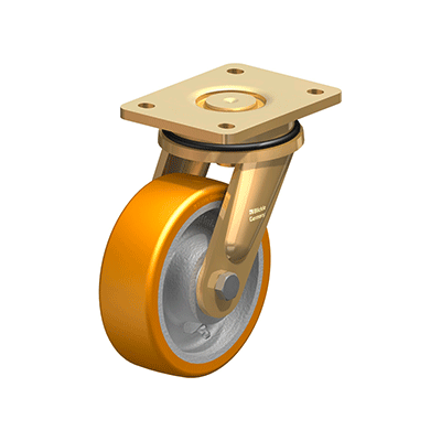 Welded steel heavy duty swivel castor, strong swivel head design, with 'stop-top' brake, heavy duty wheel with Blickle Softhane® polyurethane tread, with cast iron wheel centre
