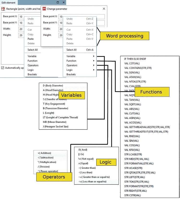 Word processing, functions, variables, operators, logic