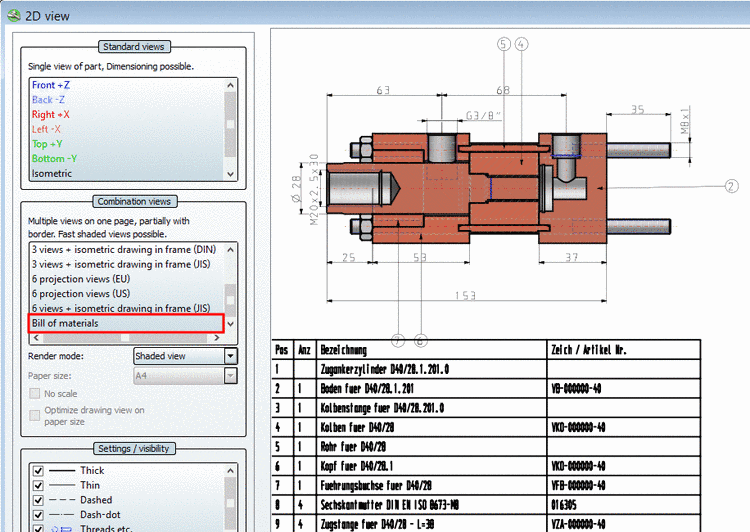 Combination view with position number in 2D view and BOM table