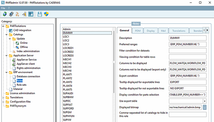 PARTadmin exemplarily with category "Roles"