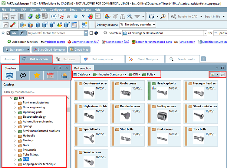 Example: In the illustration,"Catalogs [Catalogs] " is selected on the left and a directory is selected in the tree. The corresponding subdirectories for the directory selected on the left are displayed on the right.