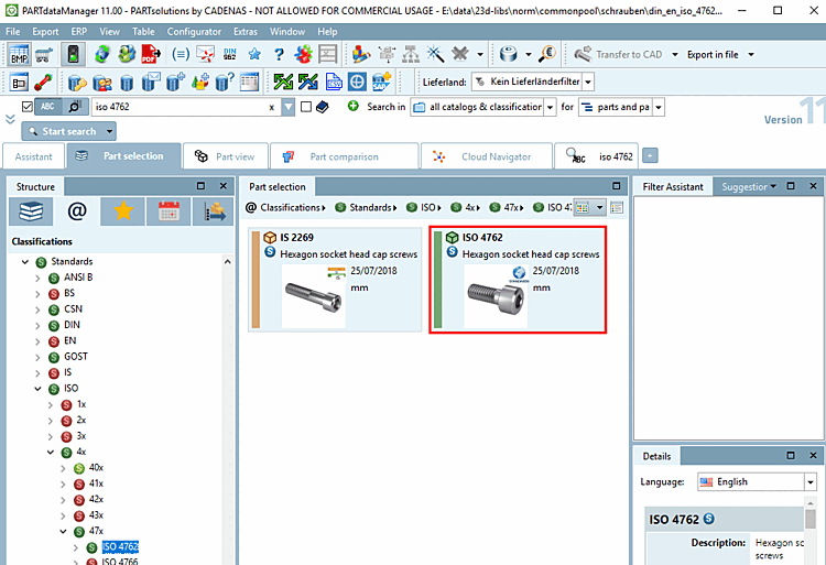 Result after clicking on the classification in the window "Part information"