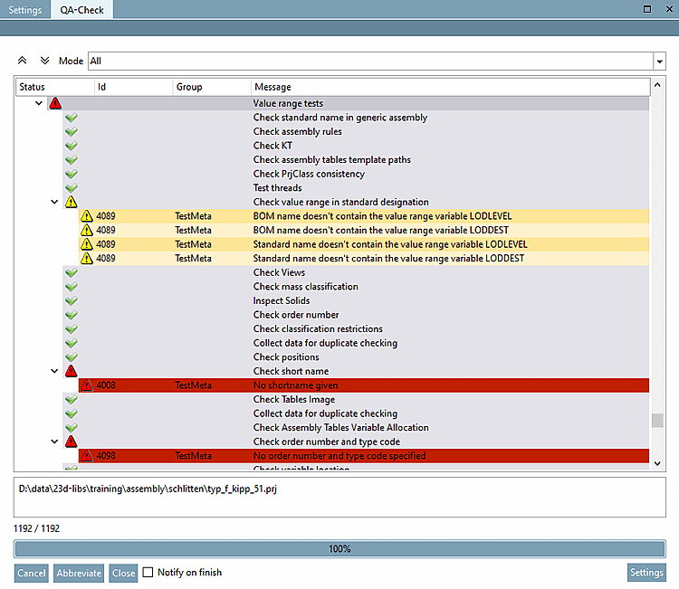Docking window "QA check [QA-Check] "