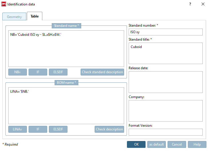 "Identification data [Identification data] " dialog box - "Table" [Table] tab page