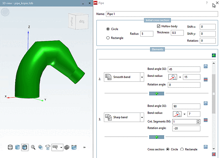 The figure shows a pipe run assembled from several elements. The 3D live preview shows the current state.