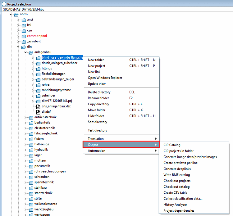 Context menu commands under "Output [Output]"