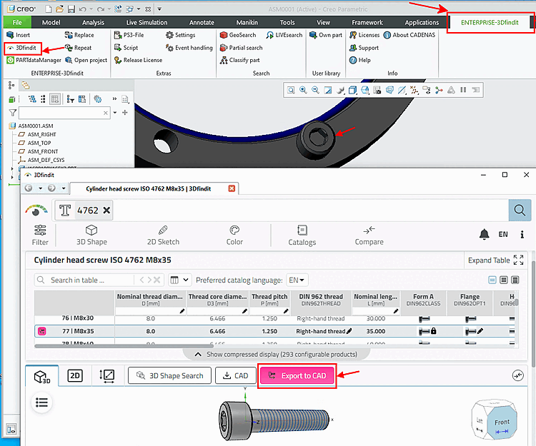 Call up 3Dfindit via menu item "ENTERPRISE-3Dfindit" -> sub-item "3Dfindit" and export part to CAD