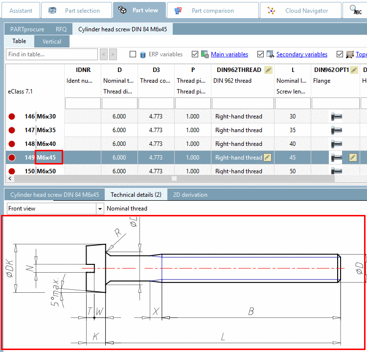 PARTdesigner with variable "VERS"- Example: DIN 84 M6x45