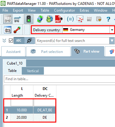 Delivery country "Germany": Two rows are shown.