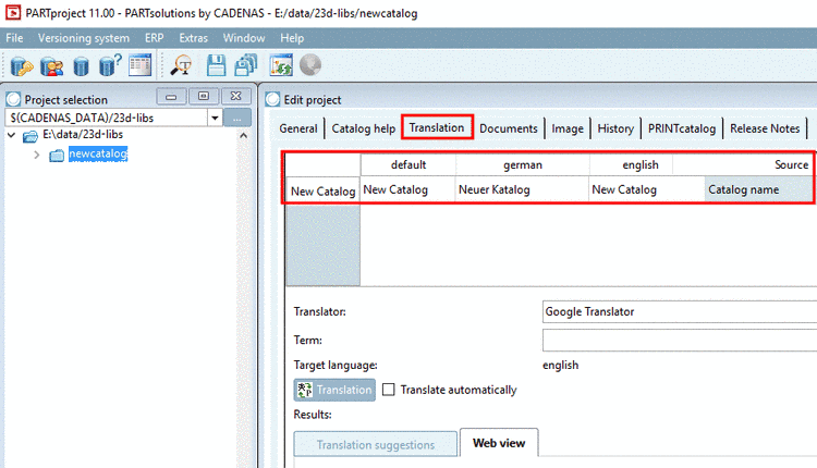 Tabbed page "Translation"