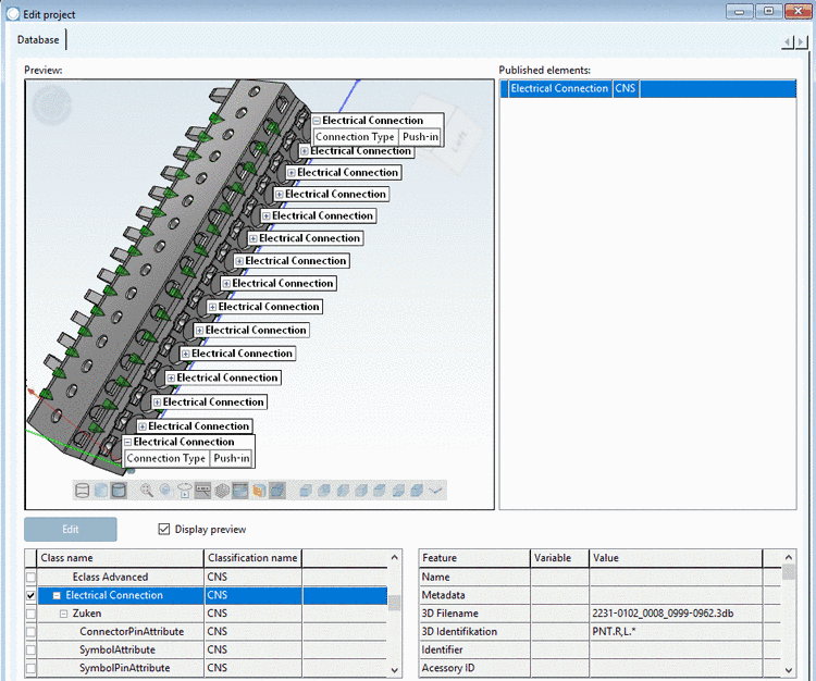 In this example the attribute "Connection type = Push-in" is set.