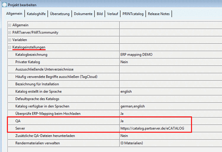 Settings for the catalog