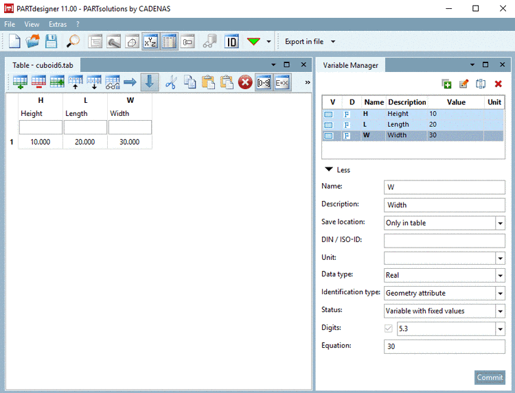Variables H, L and W created