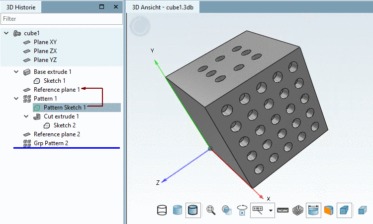 The pattern above "Pattern 1" has been created with the Wizard, then changed in a pattern for manual editing (in order to remove one element), the lateral pattern "Grp Pattern 2" has been created via Wizard.