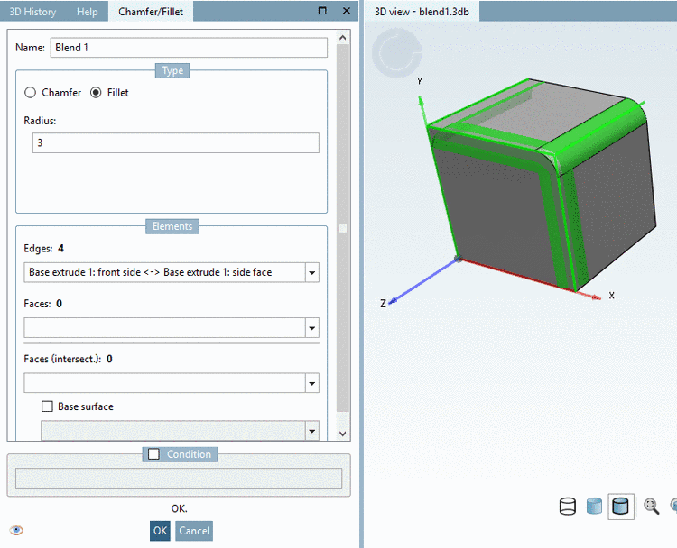 Preview with option "Chamfer": The figure shows 1 confirmed edge and 3 edges just being edited.