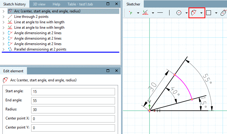 Arc (center, start angle, end angle, radius): Parameters adjusted