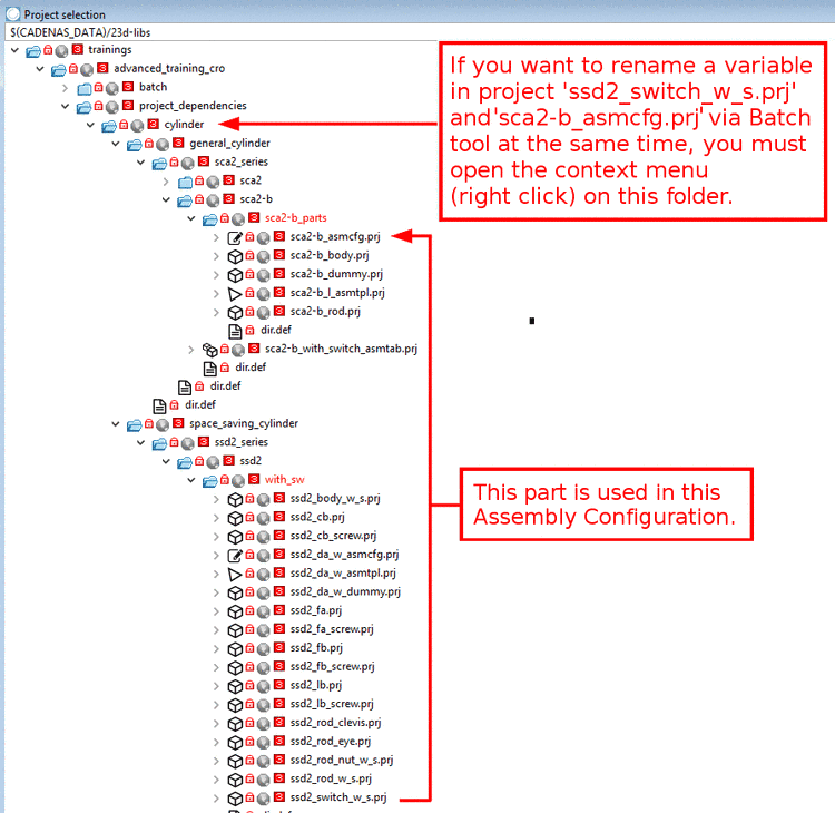 Example: "ssd2_switch_w_s.prj" is used in "sca2-b_asmcfg.prj". Only the directory "cylinder" is superordinated to both project files.