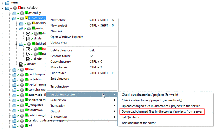 Download changed files in directories / projects from server