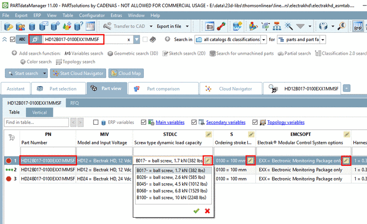 Example project with a lot of value range variables which build up the part number / type code interactively