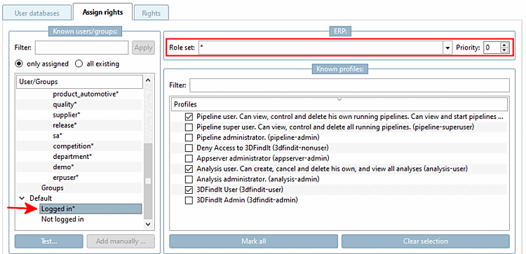 Default user "Logged in*" has the role set "*" assigned.