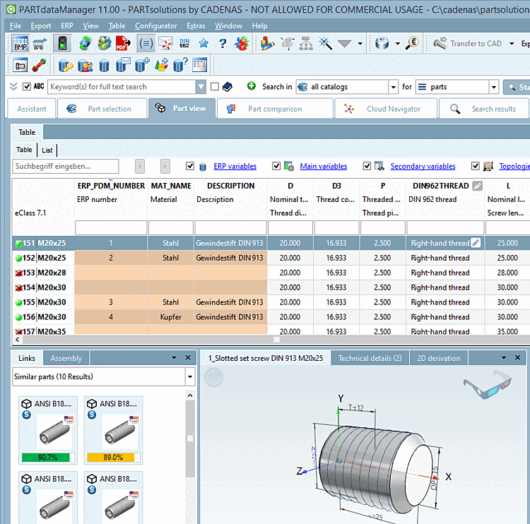 Result in PARTdataManager. The columns "ERP number", "Description" and "Material" (in the figure) are exemplarily for any information from third party systems.