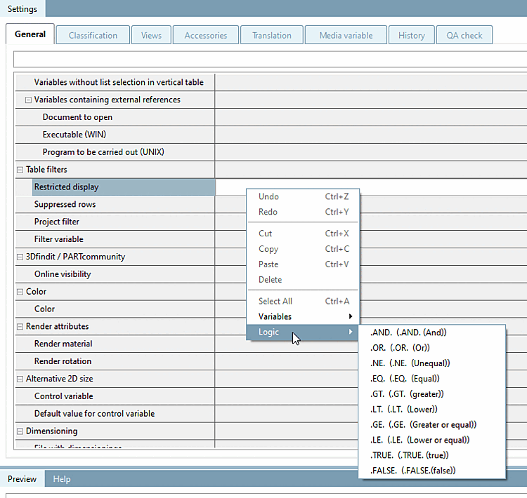 Tabbed page General in PARTproject