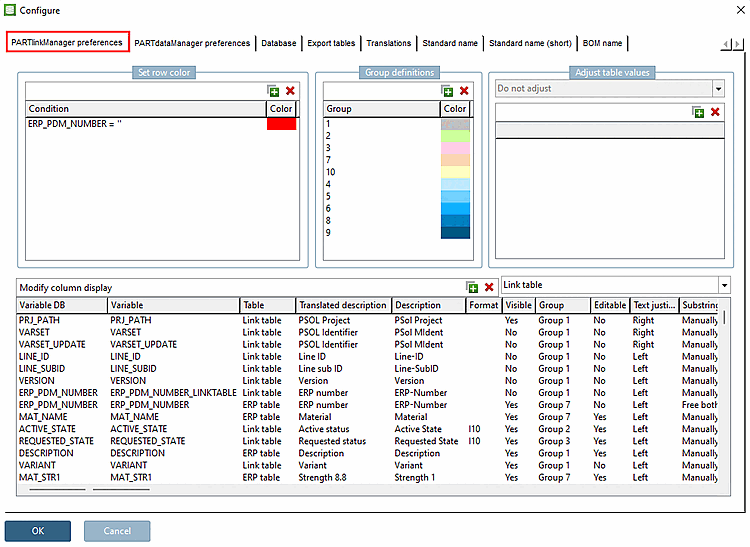 "Configure [Configure] " dialog window with the "PARTlinkManager settings" [PARTlinkManager preferences] tab page open
