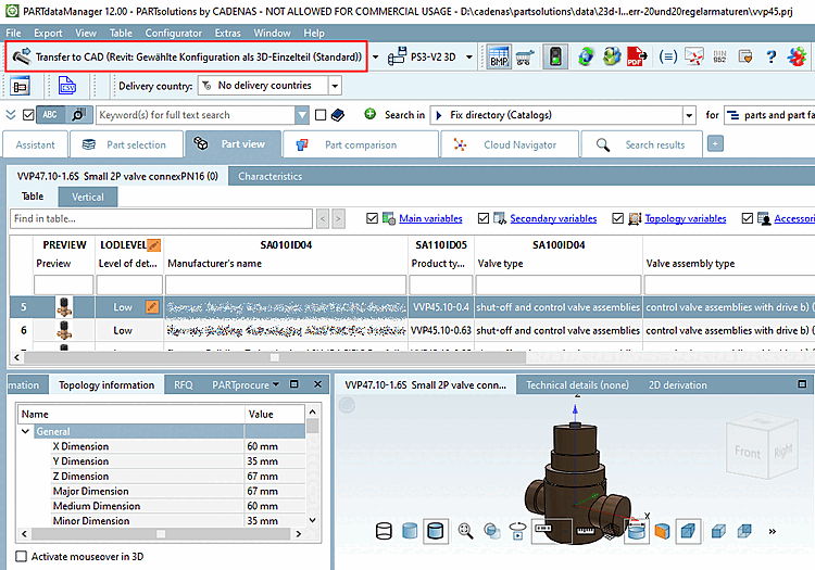 Export e.g. with "Transfer to CAD [Export to CAD] (Revit: Selected configuration as 3D single part (standard) [Revit: Selected Configuration As Single Part Export (Default)] )"