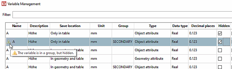 Example warning: "The variable is in a group, but hidden. [The variable is in a group, but hidden.]"