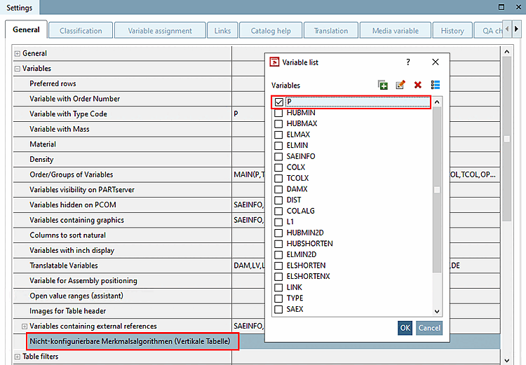 PARTproject: For variable 'P', the list field selection is disabled.