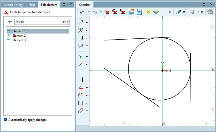 Circle tangential to 3 elements