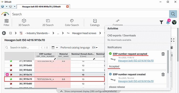 Example: Notification after the requested part has been approved. The status display now shows green and the part can be exported to CAD/PDM