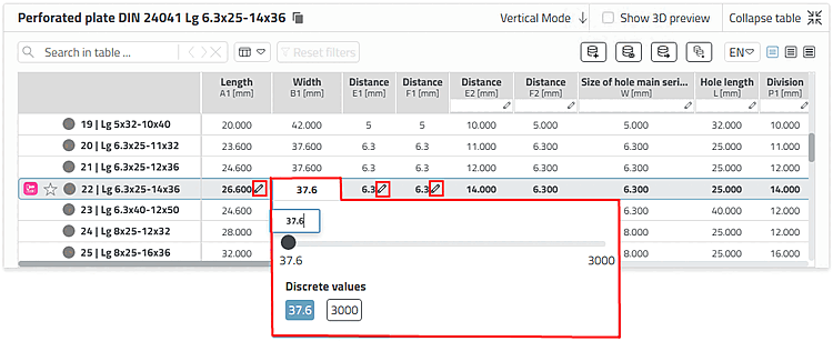 Example semi-finished product -> dimensional characteristic - Make the selection here using the slider. Two discrete values are also available for selection.