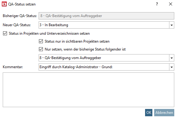 Set QA status " dialog box