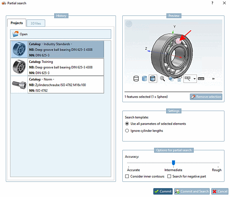 Example: Partial search - "Sphere [Sphere] " feature