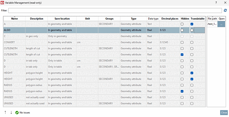 the Variable Management window in read-only mode