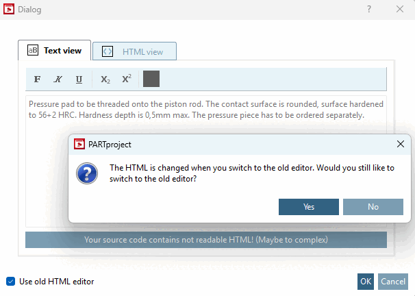 "Your source code contains unreadable (possibly complex) HTML! The HTML will be changed when you switch to the old editor. Would you still like to switch to the old editor?"