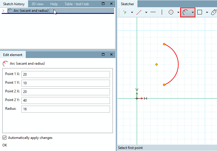 Arc (secant and radius): Adjust parameters