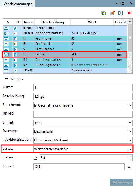 Example: Variable with Status "Value range variable"