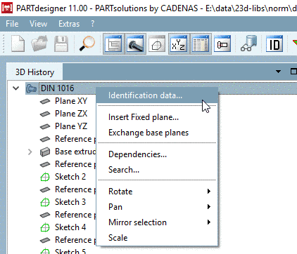 Call via context menu of part name