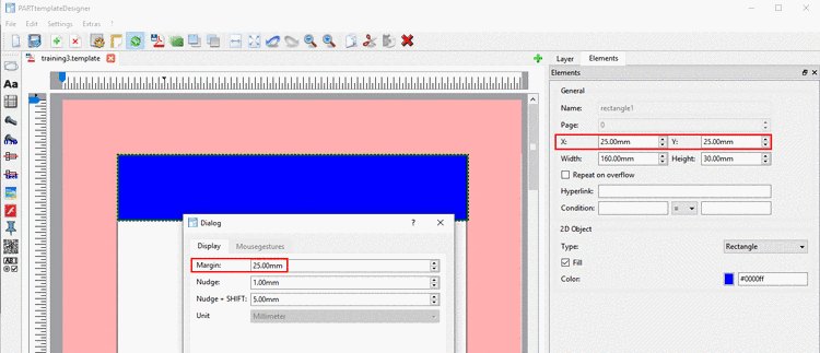 Example: The blue rectangle considers the margin and completely fills out the available width of the work area.