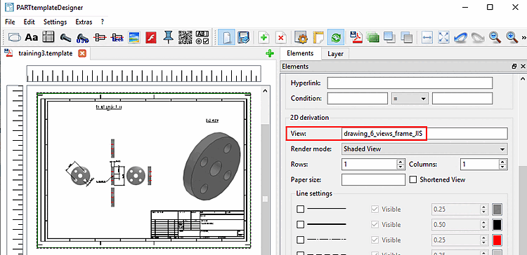 Example: "3 views + isometry in frame (DIN)"