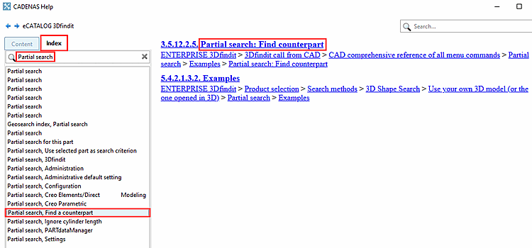 Example: Indexes filtered with the term "Partial search"