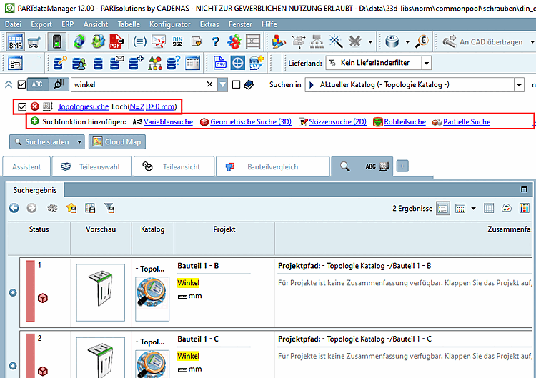Example: Search extended with Topology search (search condition "Hole")