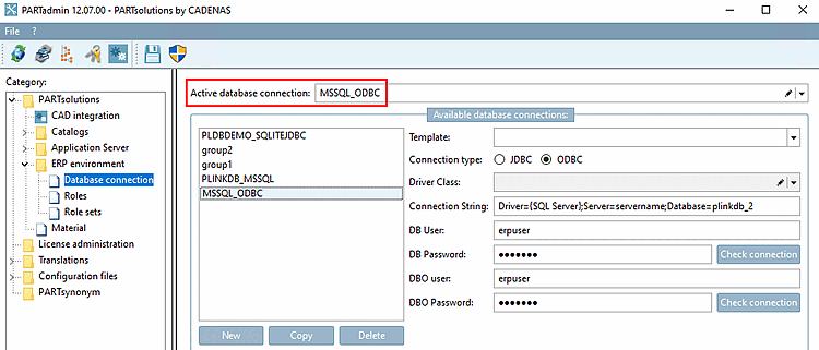 PARTadmin -> Category "Database connection [Database connection] " ➝ Active database connection